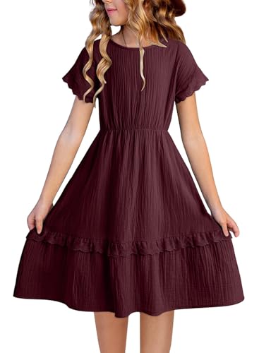 blibean Kurzärmeliges Kleid für Mädchen, Baumwolle, Spitze, halbformelles Kleid, Größe 6–15 Jahre, Rot/Ausflug, einfarbig (Getaway Solids), 10-11 Jahre von blibean