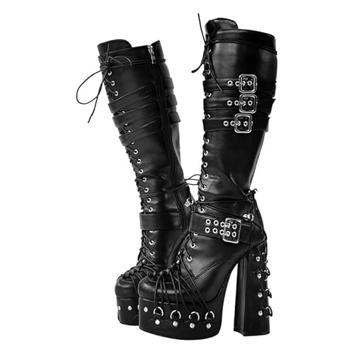 blingqeen Punk Stiefel Plateau Schnürstiefel für Damen Blockabsatz Gothic Boots Schwarz 40 EU von blingqueen