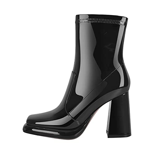 blingqueen Blockabsatz Stiefeletten Damen Ankle Boots Booties Chunky Metallic Schwarz 45 EU von blingqueen