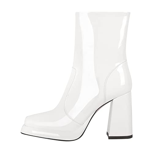 blingqueen Blockabsatz Stiefeletten Damen Ankle Boots Plateau Lack Weiß 37 EU von blingqueen
