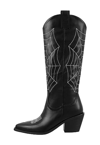 blingqueen Cowboy Boots Damen Kniehohe Stiefel Westernboots mit Ziernaht Reißverschluss Schwarz 38 EU von blingqueen