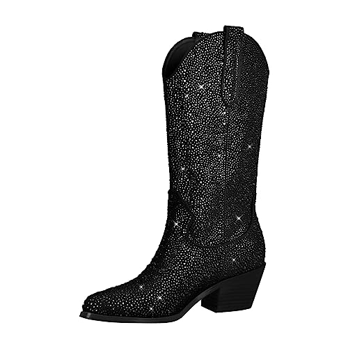 blingqueen Cowboy Stiefel Damen Glitzer Boots Western Absatz Schwarz 40 EU von blingqueen