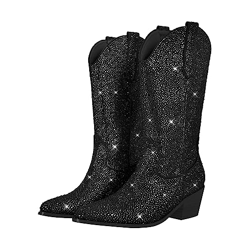 blingqueen Cowboy Stiefel Damen Glitzer Boots Western Absatz Schwarz 44 EU von blingqueen