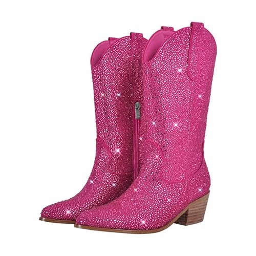 blingqueen Cowboy Stiefel Damen Glitzer Boots Westernstiefel Gestapelter Blockabsatz Pink 37 EU von blingqueen