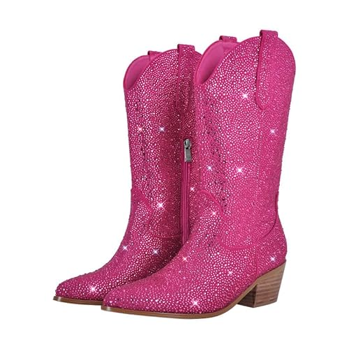 blingqueen Cowboy Stiefel Damen Glitzer Boots Westernstiefel Gestapelter Blockabsatz Pink 40 EU von blingqueen