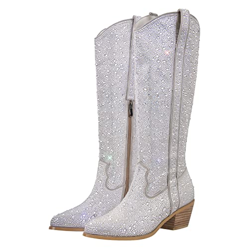 blingqueen Cowboy Stiefel Langschaft Glitzer Boots Westernabsatz Strass Westernstiefel Silber 38 EU von blingqueen