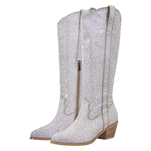 blingqueen Cowboy Stiefel Langschaft Glitzer Boots Westernabsatz Strass Westernstiefel Silber 39 EU von blingqueen