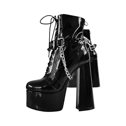 blingqueen Damen Biker Boots Lack Stiefeletten Plateau Blockabsatz Punk Stil mit Ketten Schwarz 39 EU von blingqueen