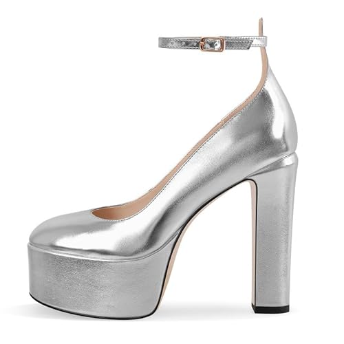 blingqueen Damen Blockabsatz Pumps Plateau High Heels Mary Jane Halbschuhe Elegante Stöckelschuhe Metallic Silber 39 EU von blingqueen