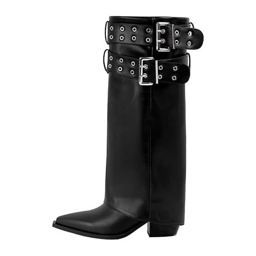 blingqueen Damen Blockabsatz Punk Stiefel Spitze Zehenkappe mit Verstellbaren Schnallen Schwarz 39 EU von blingqueen