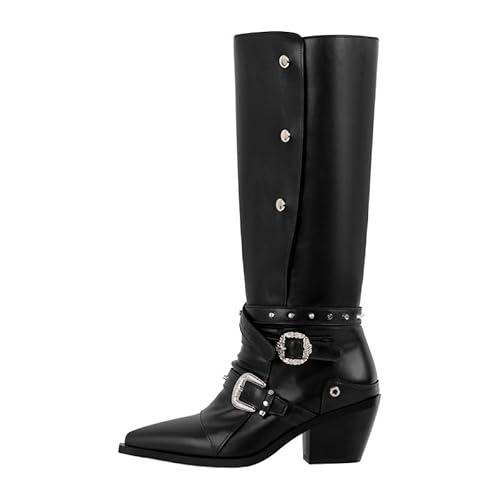 blingqueen Damen Blockabsatz Punk Stiefel Spitze Zehenkappe mit Verstellbaren Schnallen und Druckknöpfen Schwarz 35 EU von blingqueen