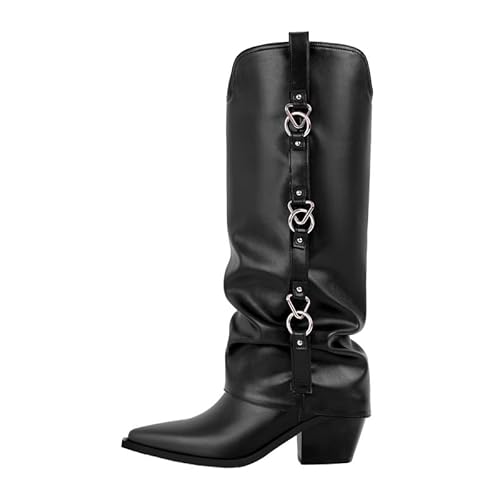 blingqueen Damen Blockabsatz Punk Stiefel V-Cut Spitze Zehenkappe mit Metallringe Verziert Schwarz 36 EU von blingqueen