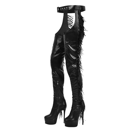 blingqueen Damen Chap Stiefel Plateau Boots Stiletto Overknee mit Fransen Lederimitat Schwarz 43 EU von blingqueen