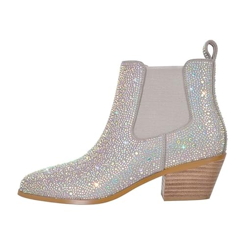 blingqueen Damen Chelsea Boots Glitzer Stiefeletten Glänzend Westernabsatz Booties Silber 41 EU von blingqueen