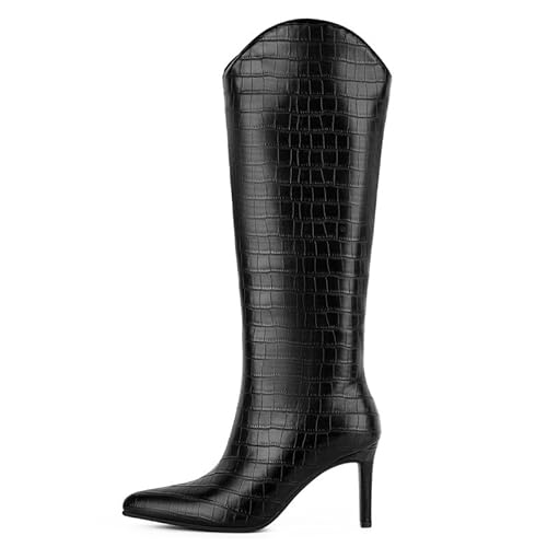 blingqueen Damen Elegante Stiefel Kniehoch High Heel Stilettoabsatz Spitze Zehen Krokodilleder-Optik Schwarz 45 EU von blingqueen