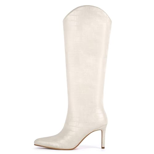 blingqueen Damen Elegante Stiefel Kniehoch High Heel Stilettoabsatz Spitze Zehen Krokodilleder-Optik Weiß 35 EU von blingqueen
