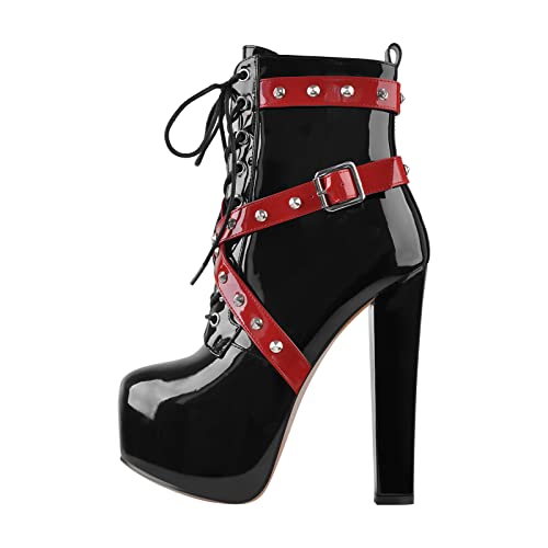 blingqueen Damen Fashion Schuhe Plateau Stiefeletten Blockabsatz Schnürboots Zweifarbig Lack Schwarz Rot 39 EU von blingqueen