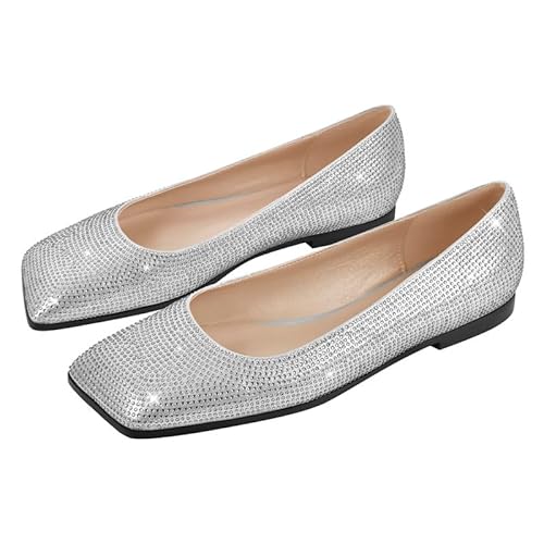 blingqueen Damen Flach Ballerinas Eckige Zehenkappe mit Glitzernden Strasssteinen Silber 44 EU von blingqueen