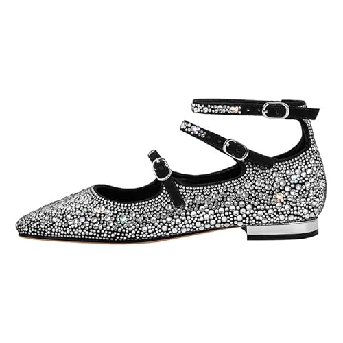 blingqueen Damen Flach Ballerinas mit Glitzernden Strasssteinen und Verstellbaren Schnallen Schwarz 35 EU von blingqueen