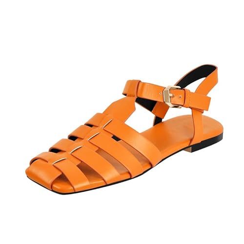 blingqueen Damen Flach Römersandalen Eckige Zehenkappe mit Verstellbarer Schnalle Orange 35 EU von blingqueen