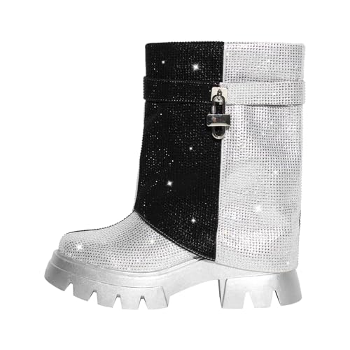 blingqueen Damen Halbstiefel Plateau Stiefel Glitzer Boots Schwarz Weiß 40 EU von blingqueen