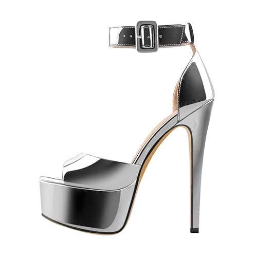 blingqueen Damen High Heels Sandalen Plattform Sandaletten Peeptoes Pfennigabsatz Riemchen Schnalle Metallic Silber 39 EU blingqueen Damen High Heels Sandalen Plattform Sandaletten Peeptoes Pfennigabsatz Riemchen Schnalle Metallic Silber 39 EU von blingqueen