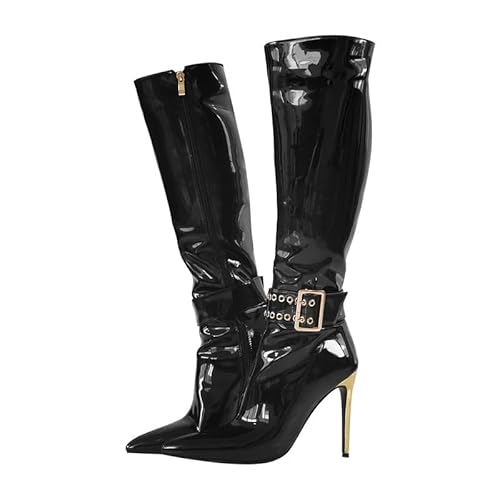 blingqueen Damen Hohe Stiefel mit Schnalle Stiletto Boots Spitze High Heels Lack Schwarz 46 EU von blingqueen