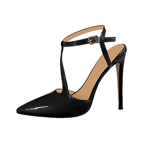 blingqueen Damen Klassische Spitze High Heels Stiletto Pumps Riemchenpumps mit Schnalle Lack Schwarz 42 EU von blingqueen