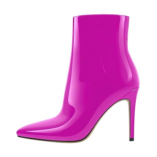 blingqueen Damen Klassische Stiefeletten Spitze Stiletto Ankle Boots Zipper Reißverschluss Lack Fuchsia 43 EU von blingqueen