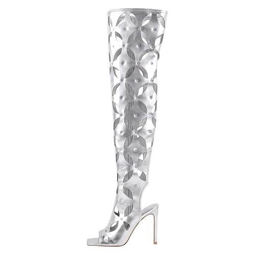 blingqueen Damen Lochmuster Stiefel Eckige Zehenkappe mit Seitlichem Reißverschluss Slingback Schaftsandalen Silber 37 EU von blingqueen