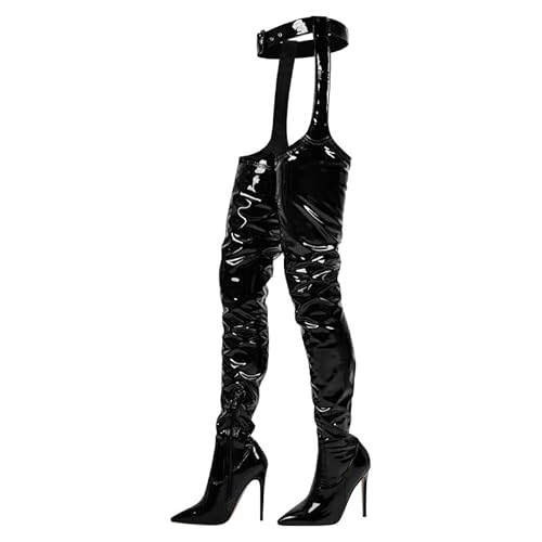 blingqueen Damen Overknee Chaps Stiefel Stiletto Chap Belt Boots Lackoptik Schwarz 45 EU von blingqueen
