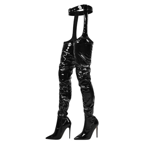 blingqueen Damen Overknee Chaps Stiefel Stiletto Chap Boots Metallic Lack Schwarz 36 EU von blingqueen