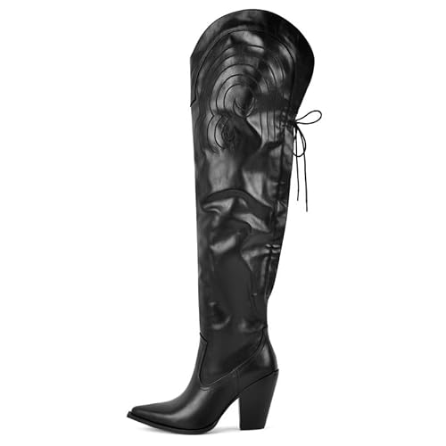 blingqueen Damen Overknee Cowboy Stiefel mit Stickerei Westernabsatz Cowboyboots mit Schnürung Lederimitat Schwarz 43 EU von blingqueen