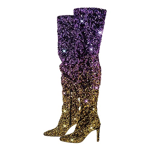 blingqueen Damen Overknee Pailetten Glitzer Stiefel Stiletto High Heels Boots Farbverlauf Lila Gold 39 EU von blingqueen