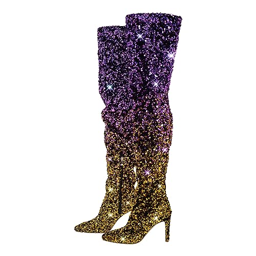 blingqueen Damen Overknee Pailetten Glitzer Stiefel Stiletto High Heels Boots Farbverlauf Lila Gold 45 EU von blingqueen