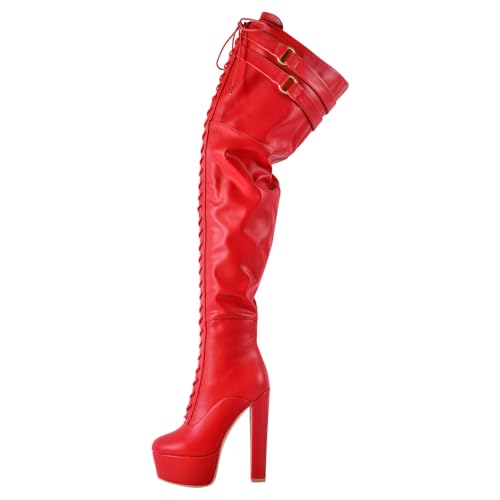 blingqueen Damen Overknee Plateau Stiefel Blockabsatz Schnürstiefel mit Reißverschluss Schnalle Lace up Zipper Boots PU Rot 39 EU von blingqueen