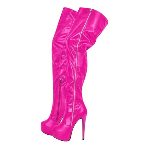 blingqueen Damen Overknee Reißverschluss Stiletto Stiefel Plateau High Heels Boots Zipper Pink 45 EU von blingqueen