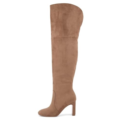 blingqueen Damen Overknee Stiefel Herbst Winter Mode Runde Zehen Blockabsatz Boots Wildlederoptik Braun 39 EU von blingqueen