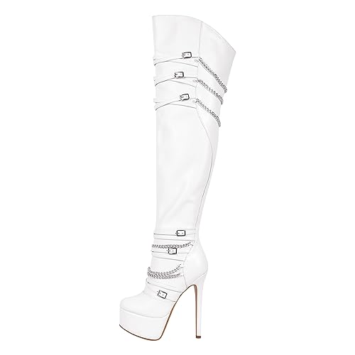 blingqueen Damen Overknee Stiefel Plateau Stiletto Gothic Boots mit Ketten Schnallen Reißverschluss Lederimitat Weiß 38 EU von blingqueen