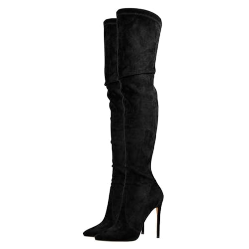 blingqueen Damen Overknee Stiefel Stiletto High Heels Spitze Thigh High Stretch Boots Veloursoptik Schwarz 46 EU von blingqueen