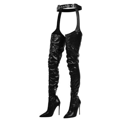 blingqueen Damen Overknees Chap Boots Stiletto Spitze Stiefel Reißverschluss Lederoptik Schwarz 45 EU von blingqueen