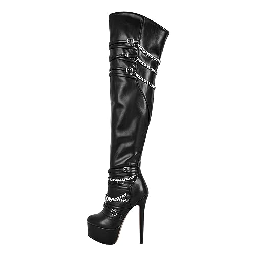 blingqueen Damen Overkneestiefel Plateau Stiefel Gothic Boots mit Ketten Schnallen Reißverschluss Stiefel Stiletto Absatz PU Schwarz 35 EU von blingqueen