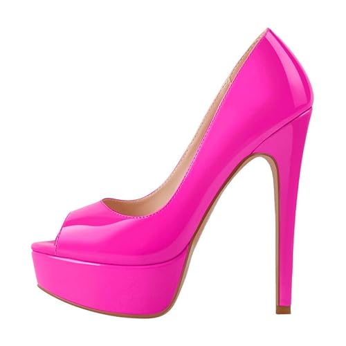 blingqueen Damen Peeptoe High Heels Pumps Plattform Stiletto Sommerschuhe Runde Offene Sandaletten Lackoptik Pink 37 EU von blingqueen