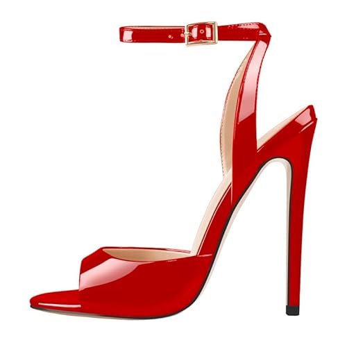 blingqueen Damen Peeptoe High Heels Riemchensandalen Stiletto Riemchen Pumps Slingback Sommerschuhe Lack Rot 42 EU von blingqueen
