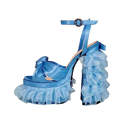 blingqueen Damen Peeptoe Sandalen Plateau High Heels Sandaletten Blockabsatz Satin Hellblau 41 EU von blingqueen