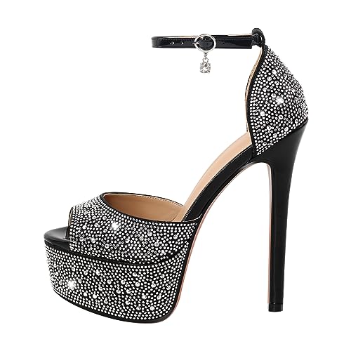 blingqueen Damen Peeptoe Sandalen Stiletto High Heels Plateau Glitzer Sandaletten Riemchensandalen mit Strass Schwarz 35 EU von blingqueen