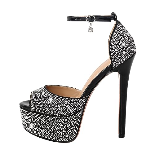 blingqueen Damen Peeptoe Sandalen Stiletto High Heels Plateau Glitzer Sandaletten Riemchensandalen mit Strass Schwarz 38 EU blingqueen Damen Peeptoe Sandalen Stiletto High Heels Plateau Glitzer Sandaletten Riemchensandalen mit Strass Schwarz 38 EU von blingqueen