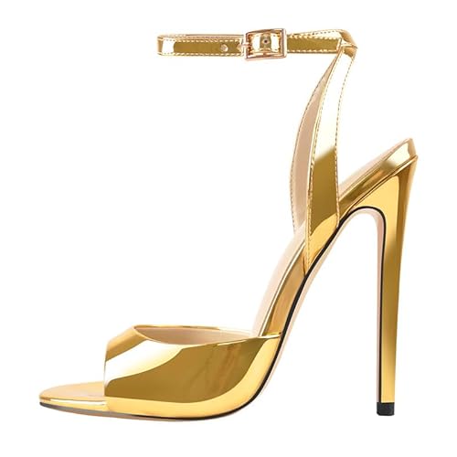 blingqueen Damen Peeptoe Sandaletten Lack Sandalen High Heels Runde Zehen Stiletto Absatz Gold 36 EU von blingqueen