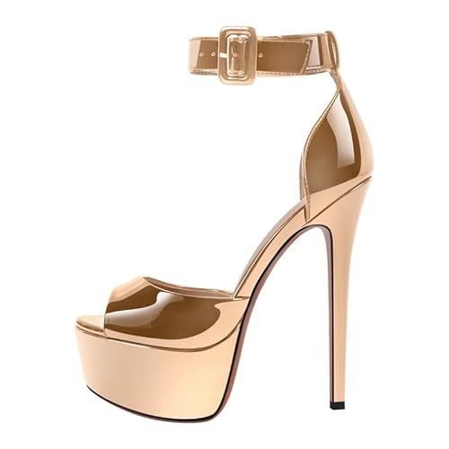 blingqueen Damen Peeptoe Sandaletten Plateau Stiletto High Heels Sandalen Lack Sommerschuhe mit Riemchen Schnalle Rose Gold 46 EU von blingqueen