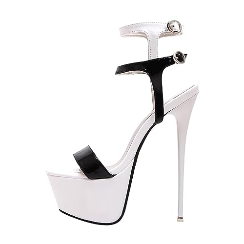 blingqueen Damen Plateau High Heels Sandaletten Riemchensandalen Stiletto Absatz Metallic Schwarz Weiß 42 EU von blingqueen